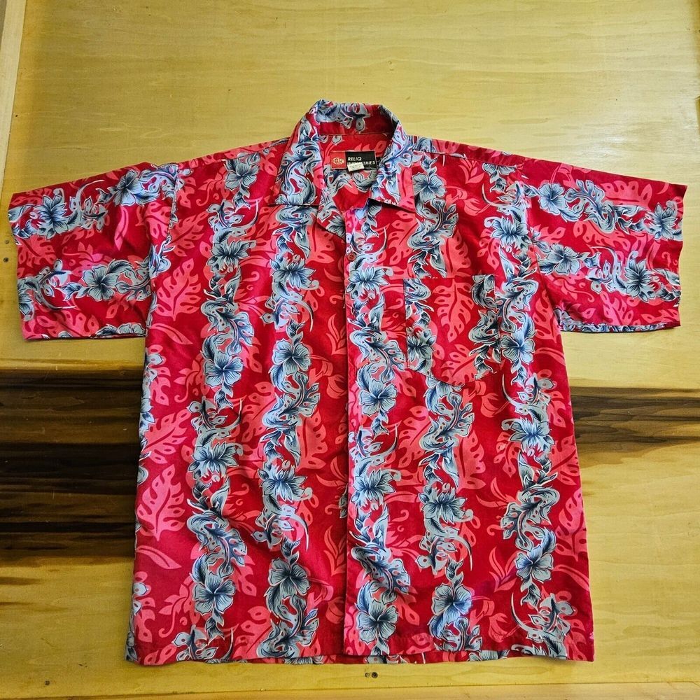 Vintage Reliq Industries Red Floral Hawaiian Style Large Button Shirt Beautiful